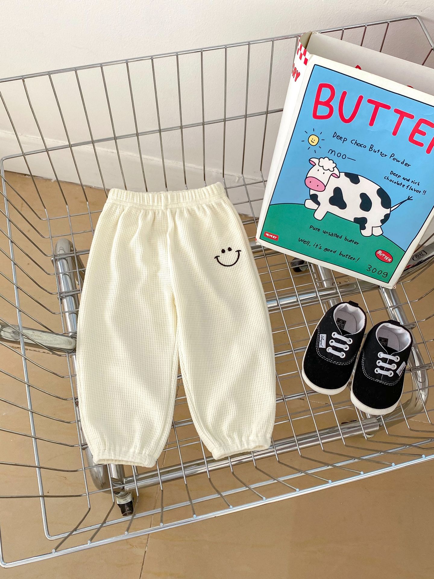 Picture of 2024 Spring Children's pants cute bear waffle pants thin outer wear baby baby casual ankle-tied pants