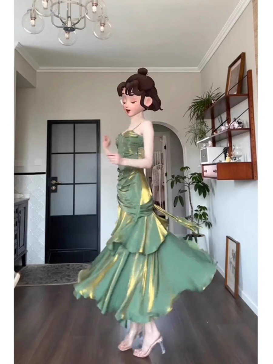 Mermaid Green Dress Mori Super Immortal Adult Ceremony Light Luxury Niche Birthday Banquet Sling dress High-end Sense
