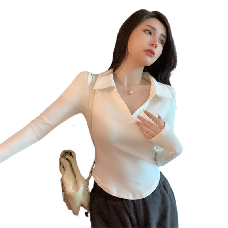 Design Sense Curved Long-sleeved V-neck Base T-shirt Women's Korean-style All-match Slim-fit Slimming Short Sweet and Spicy Collarbone Trendy Top