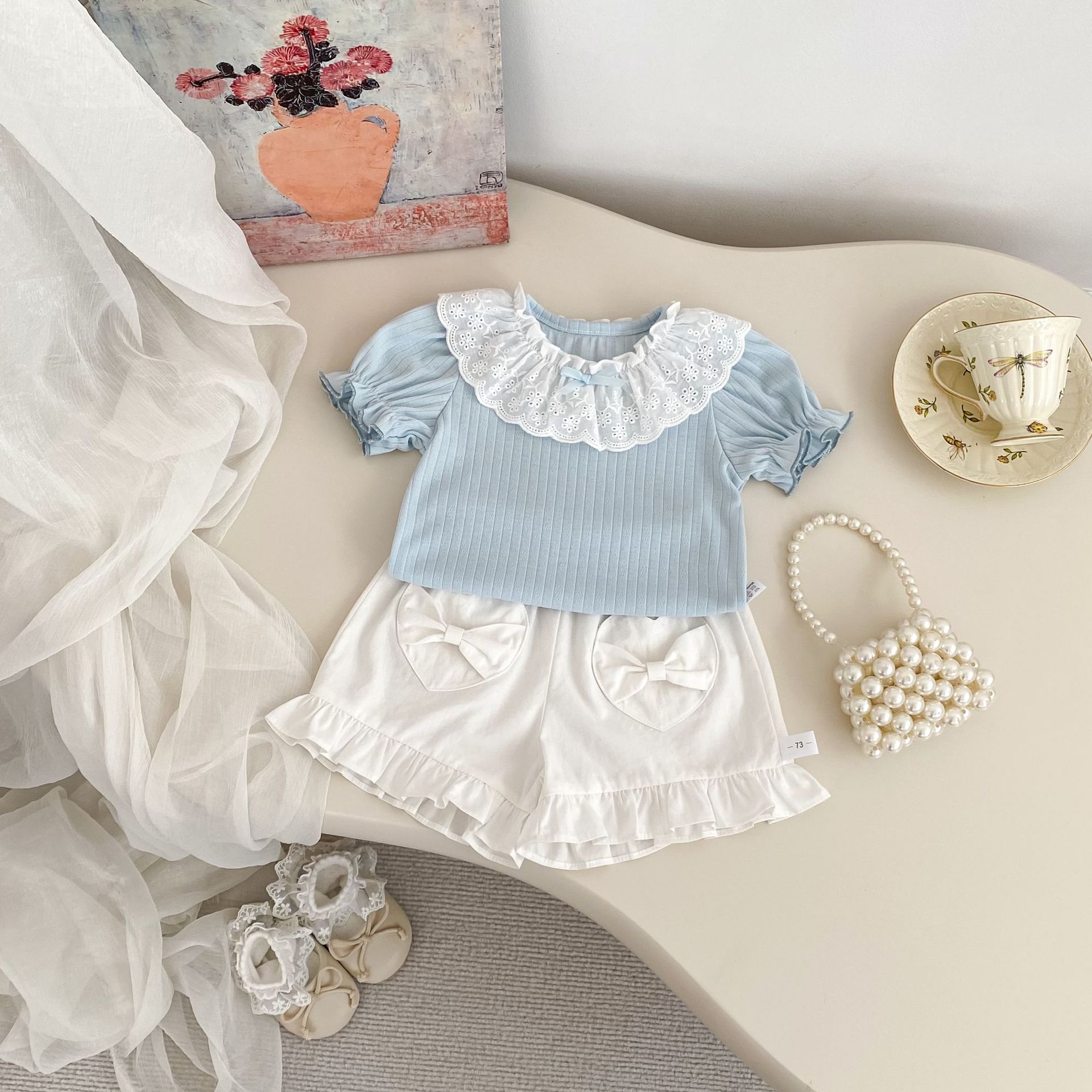 Picture of Cute Girl's Summer suit New Stylike Baby Girl's Llace Collar Short Sleeve Love Pocket Shorts Two-piece Set