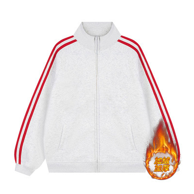 Picture of Korean version of the contrast color stand collar zipper sweater custom LOGO print three bar cardigan jacket overalls fleece-lined jacket
