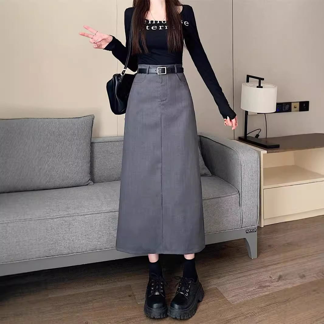 Gray Casual Suit High-Waist Slim Straight Skirt 2024 Mid-Length Back Slit Hip-Covering A-Line Skirt