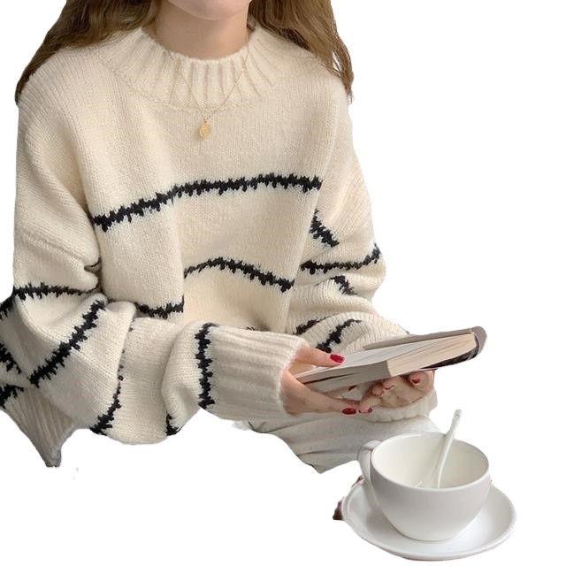 Picture of Retro Japanese style lazy loose sweater women's thickened autumn and winter 2024 new long sleeve striped half turtleneck sweater
