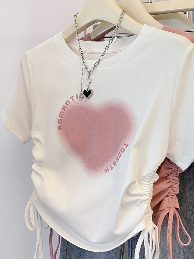 Korean Style Versatile Slim Short-Sleeved T-Shirt for Women Summer Sexy Drawstring Design Printed Round Neck Short Casual Top