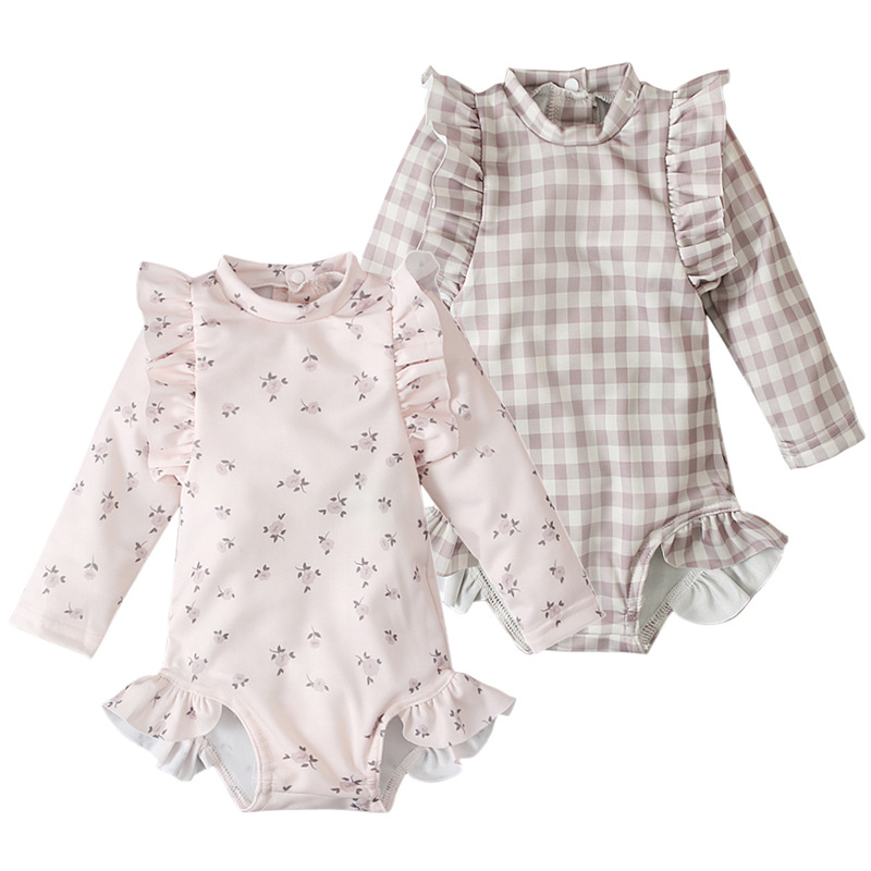 Children's European and American foreign trade spring and autumn girls floral snap button long sleeve jumpsuit sunscreen children's swimsuit ins