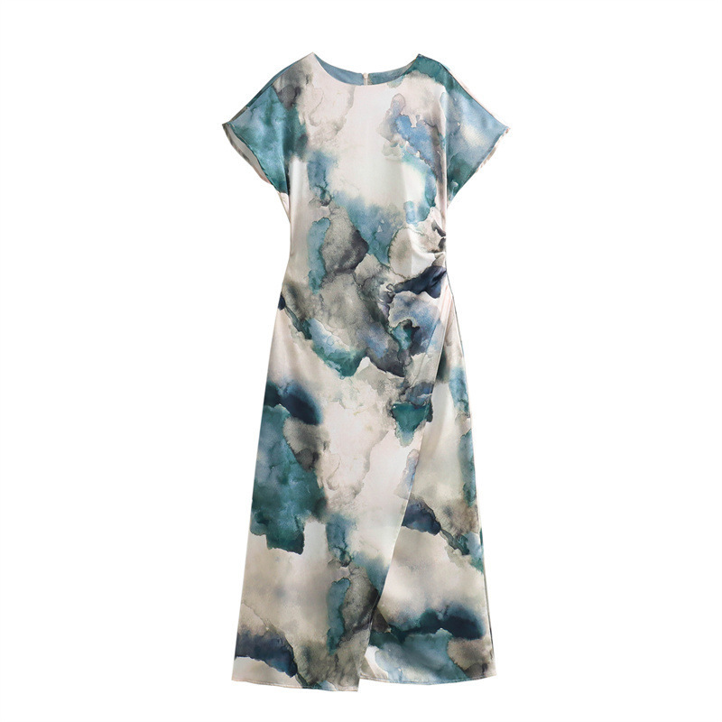 Cross-border women's clothing y2g European and American style 2024 spring new slim long tie-dyed printed silk satin texture dress