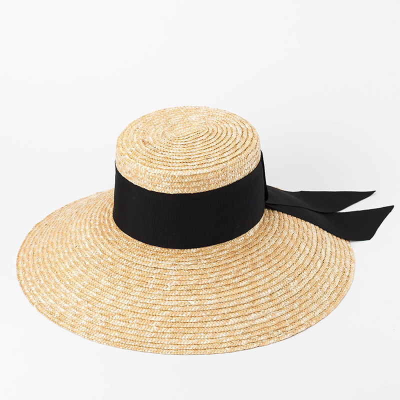 Spring and Summer New European and American Style Bow Ribbon Flat Top Large Brim Straw Hat Sunshade Sunscreen Beach Straw Hat