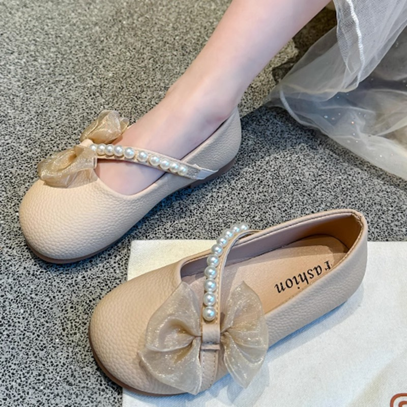 Girls' Leather Shoes Spring and Autumn Children's White Shoes with Soft Sole Western-style Bean Shoes Little Girl's Pearl Lady Treasure Princess Shoes