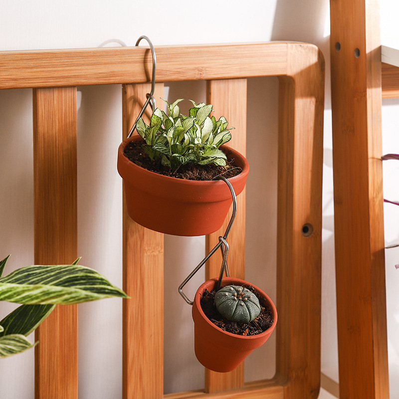 Gardening Plant Ceramic Flower Pot Hanging Stainless Steel Hook Balcony Anti-theft Net Red Pottery Flower Pot Storage Pot Hanging