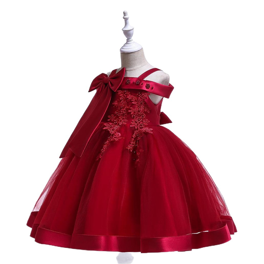 Cross-border Hot Selling off-shoulder Strap Dress Girl's Bow Bead Flower Wedding Dress Flower Girl's Dress Princess Dress