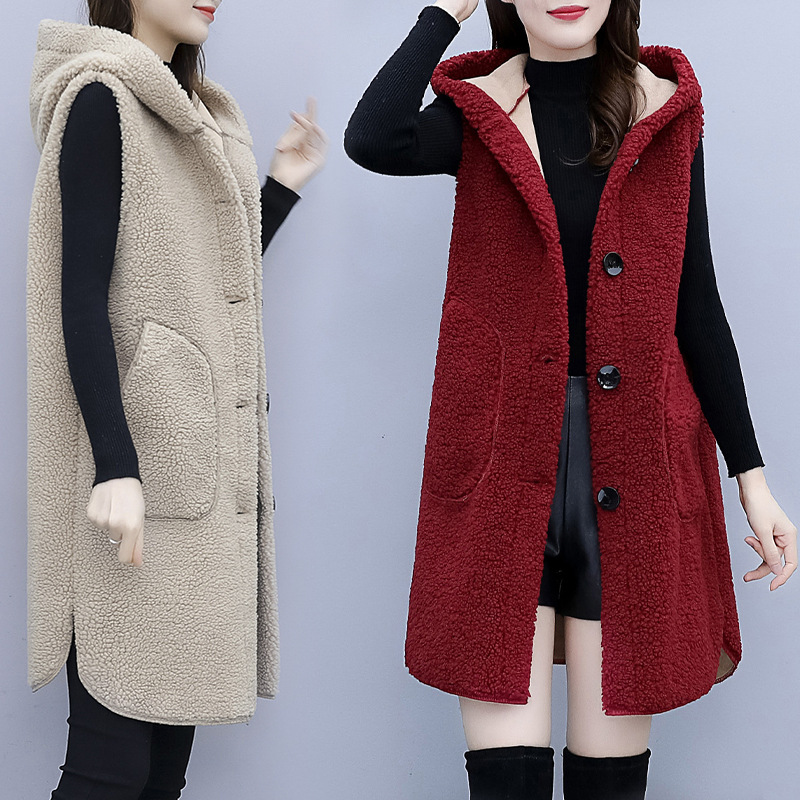 Lambswool 2022 vest autumn and winter fashion style mid-length coat plus size fat sister thickened hooded outer fashion