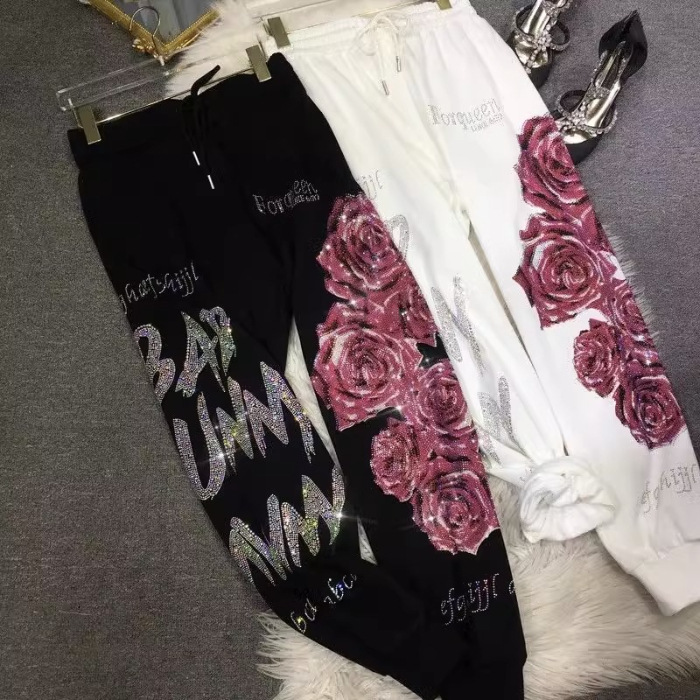 Picture of Extras Size 1.00 kg-150.00 kg Chubby M New Arrival Heavy Industry Hot Drilling Pants Women's Light Luxury Flower High Waist Slimming Leg Sports Pants