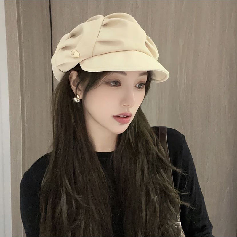 Picture of Showing Face Small Pleated Duck Tongue Beret Spring and Autumn All-match Casual Octagonal Hat Metal Label Soft Hat Street Hat Children's Trendy