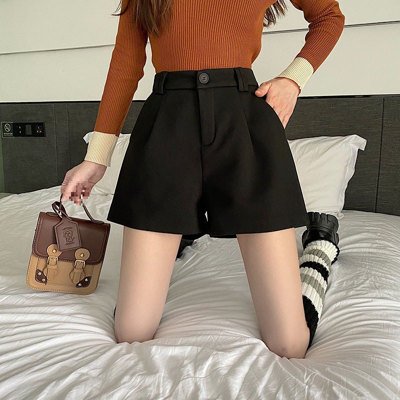 2023 Woolen New Shorts Early Autumn High Waist Slimming Korean A- shaped Wide Leg Black Chubby Sister Suit Shorts