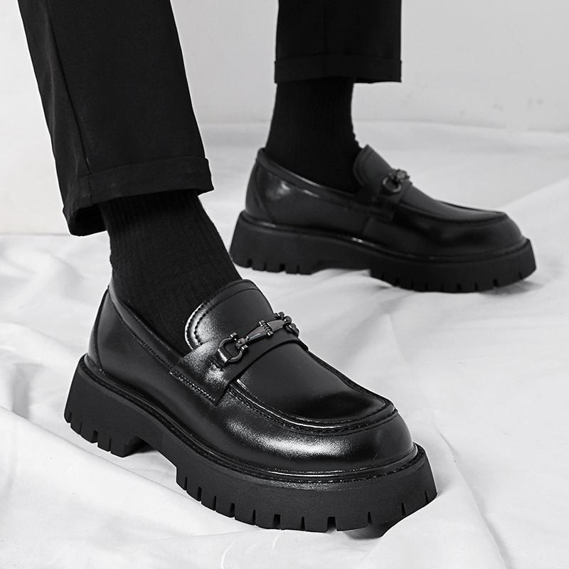2025 Spring and Autumn Youth Slip-On Loafers Thick-Soled Height-Increasing Shoes Black Fashion Men's Casual Leather Shoes