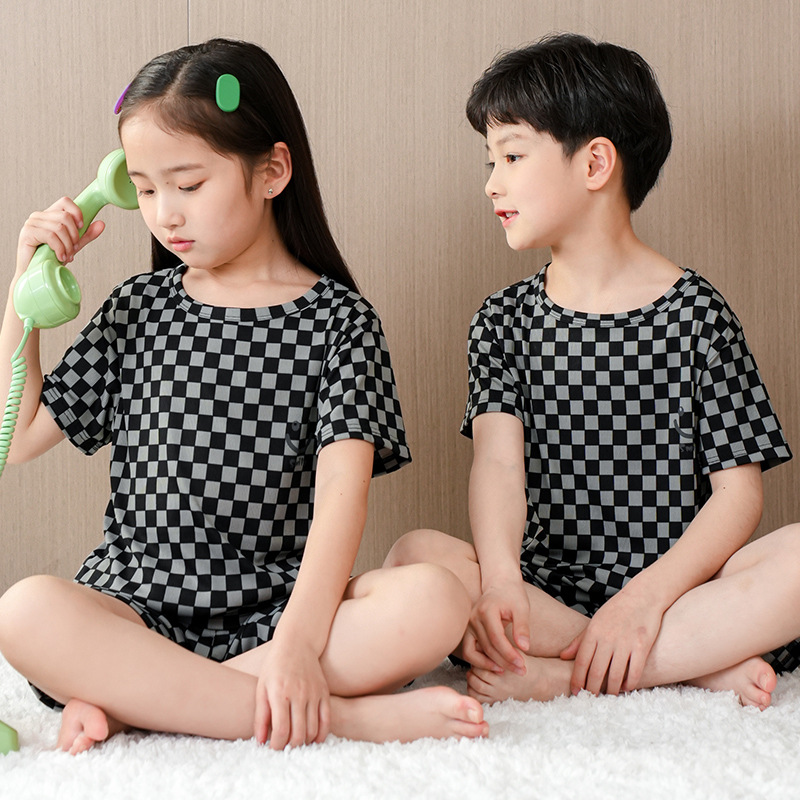 Picture of Children's pajamas boys' summer thin ice silk short-sleeved homewear boys' middle and big children girls' summer homewear
