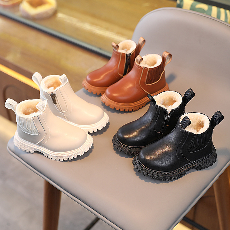Children's Fashion British Boots, Boys' Side Zipper Boots, Girls' Soft-Soled Fashion Boots, Winter Velvet Small Leather Boots