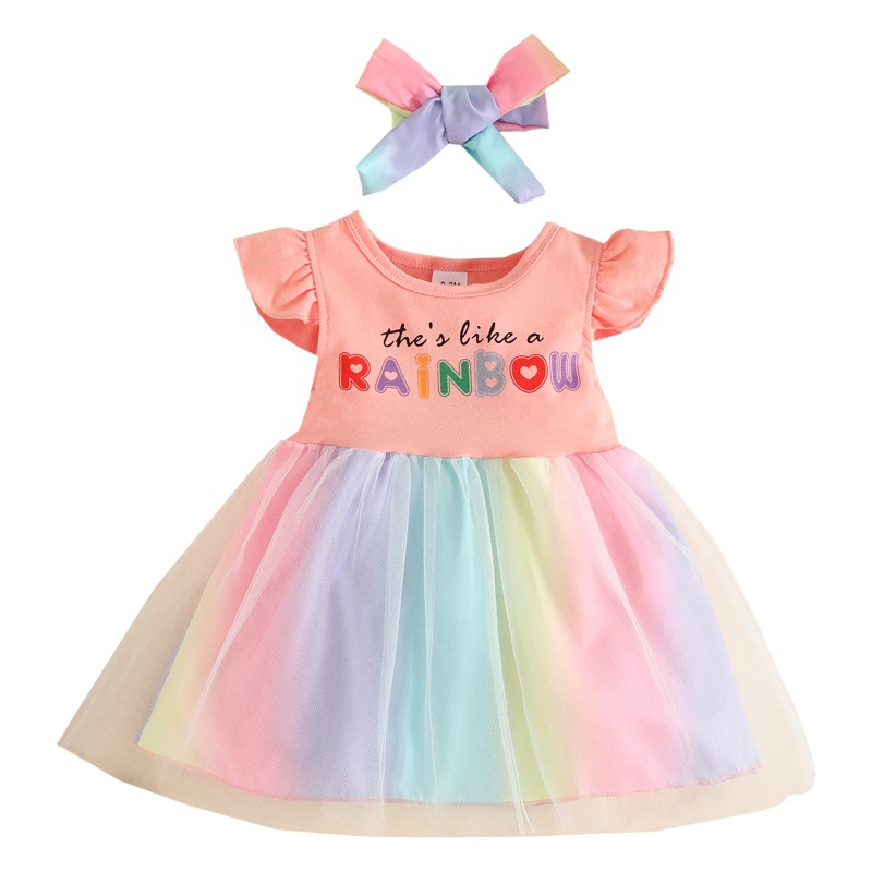Amazon girls Summer small fly sleeve letter printing multi-layer rainbow mesh cute fluffy dress + turban