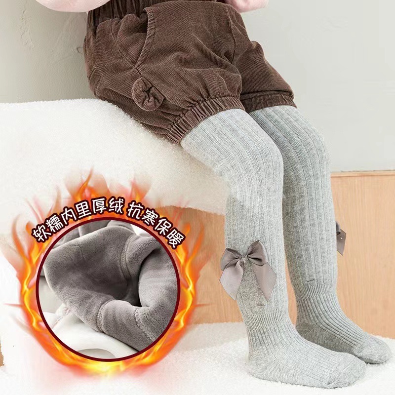 Autumn and Winter Children's pantyhose plus velvet padded solid color bow girls' leggings warm baby leggings wholesale