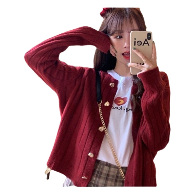 Sweet Heart Buttons Show White Spring & Fall 2025 Short Knitwear Cardigan Korean Style Loose Slimming Look Pit Stripesd Knitwear