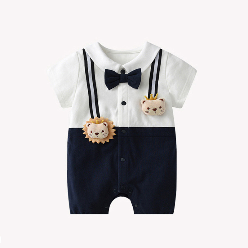 Picture of Newborn Gentleman One-Year-Old Dress Baby Short-Sleeved Hatshirt College Style Baby Summer One-Body Clothes Thin Climbing Suit