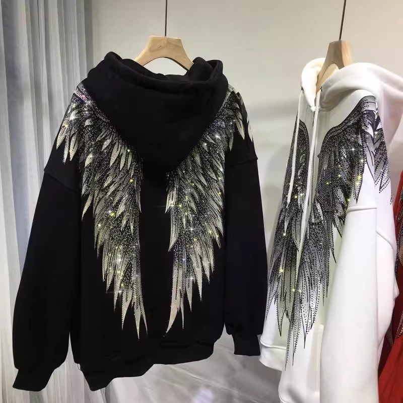 Super plus size 1.00 kg-150.00 kg chubby girl Heavy Industry Hot Drilling Light Luxury Front and Rear Wings Hooded Fleece Jacket Women's Cardigan