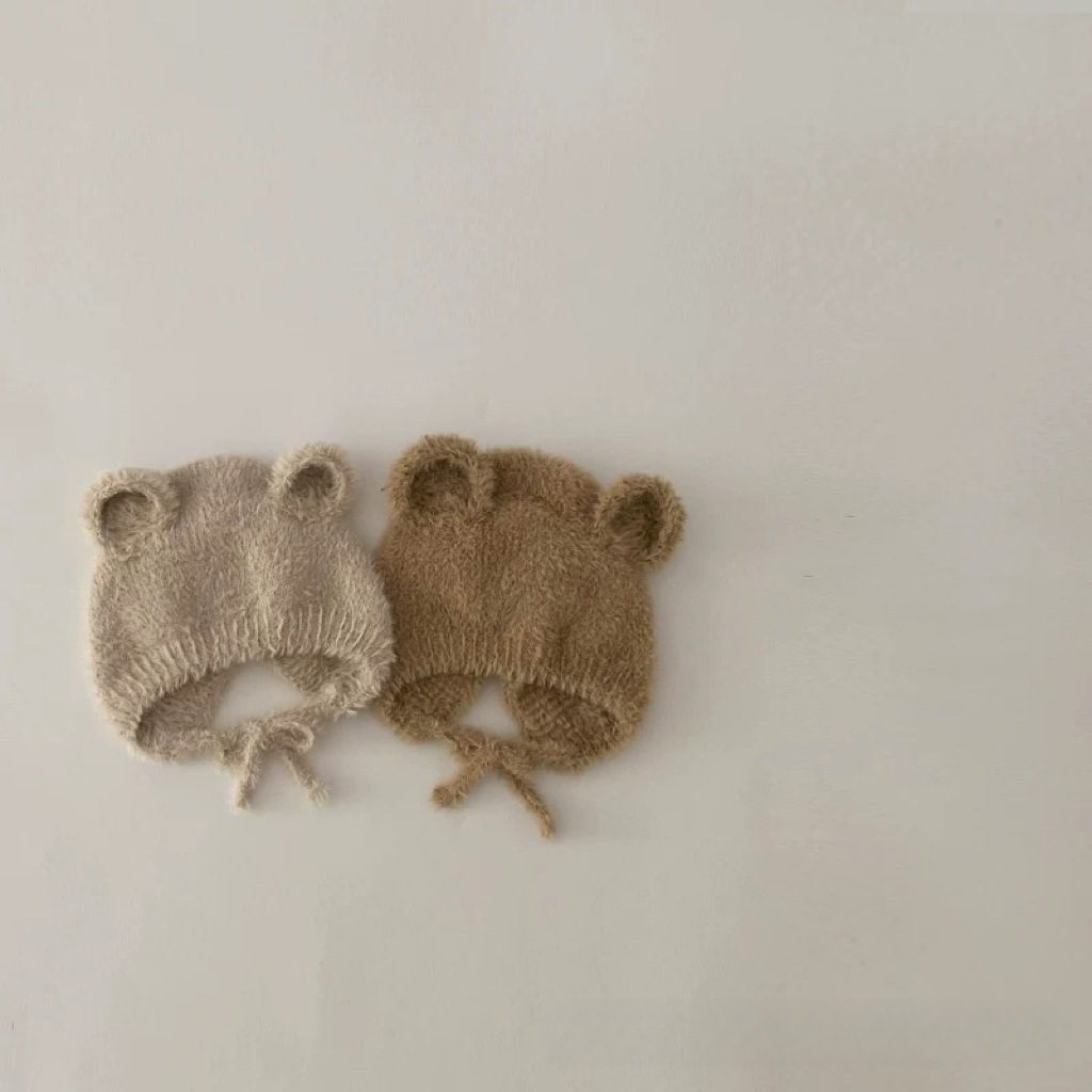 Autumn and winter baby baby warm bear cap super cute knitted hat ear protection cute baby hat lace-up thick