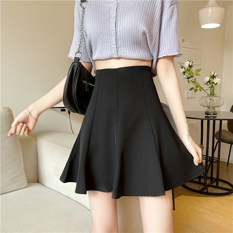 Summer A- line Umbrella Skirt Short Skirt Women's plus size Hepburn Style New High Waist Anti-glare Black Tutu Skirt Half-length Skirt