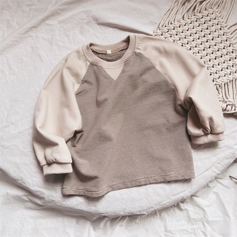 2025 Spring Kidsren's T-Shirt Long-Sleeved Boys' Pullover Korean Style Loose Round Neck Color-Blocked Stripesd Girls' Tops Category a