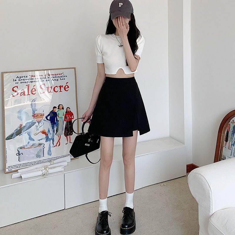 Irregular plus size 2024 Spring/Summer High Waist Slimming Split Black Skirt chubby girl Belly Covering A- Line Skirt Female#