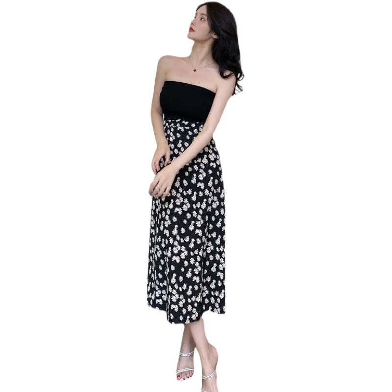 Spot Retro Small Wrinkled Chrysanthemum Print Skirt High Waist Slimming Look Mid-Length Versatile A-Line Skirt