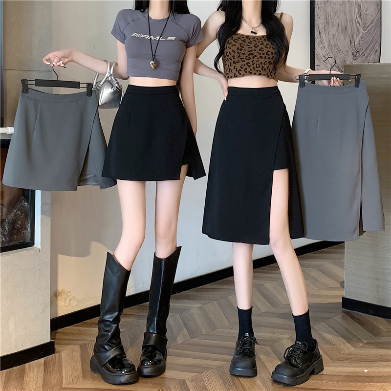 High Waist Split Black Skirt Women's Summer All-match Korean Slim Belly Covering Pants Skirt Niche Design Sense Skirt