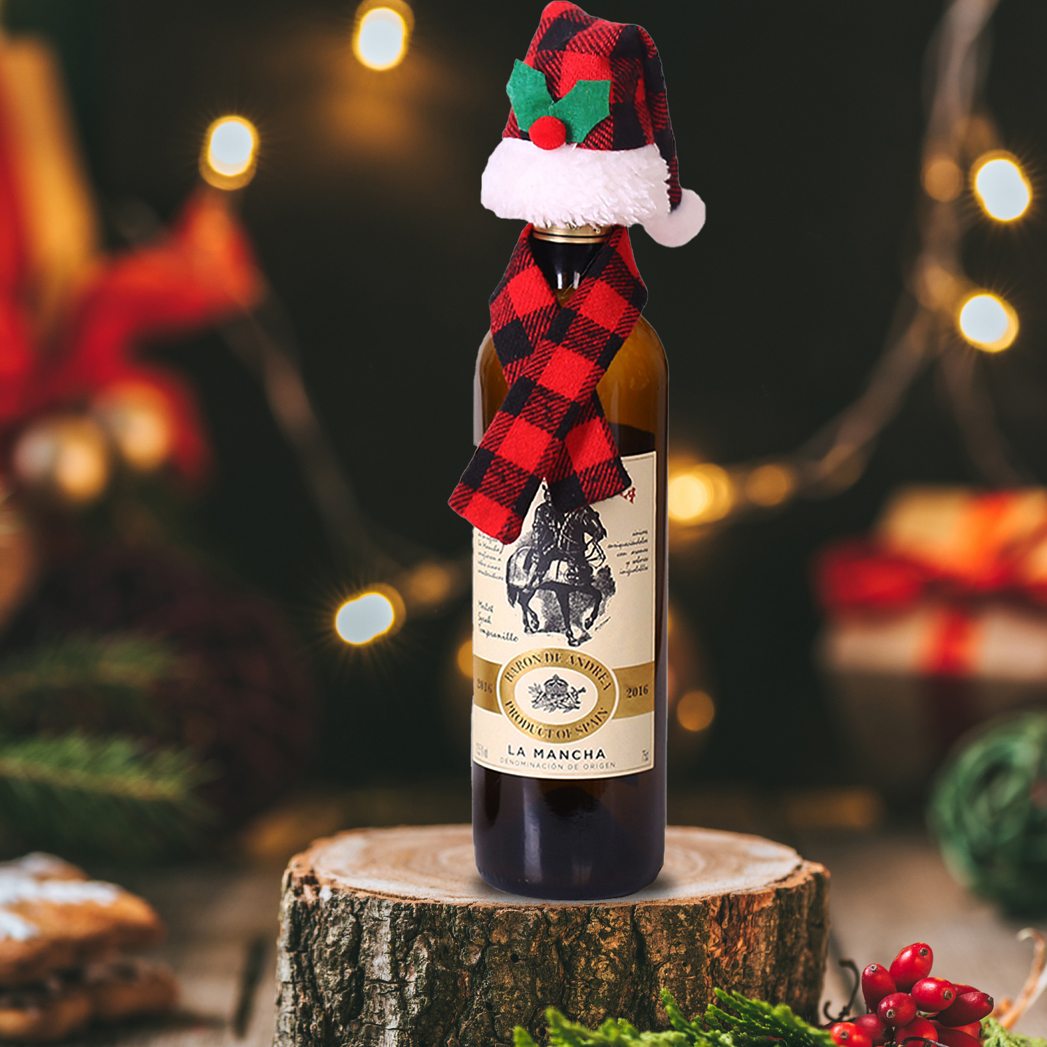 Picture of Christmas Creative Decorations Scarf Hat Two-piece Set Red Wine Bottle Set Hotel Restaurant Decoration Dress-up Supplies