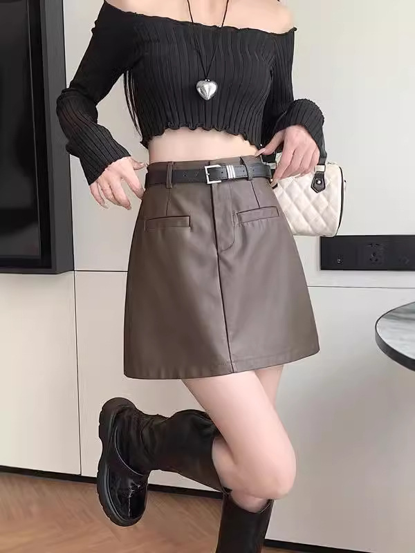 Picture of Black Leather Skirt Women's Spice Girl Skirt 2024 Autumn and Winter High Waist Straight Tube Slimming Tall A- word Anti-glare PU Skirt