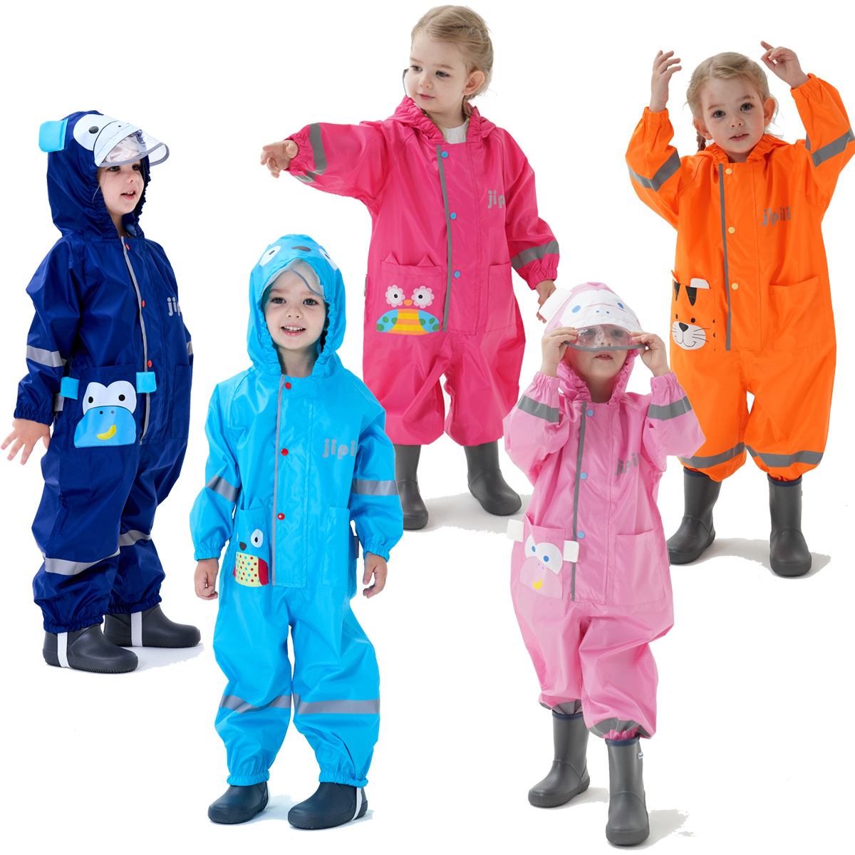 Cross-Border Unisex Baby Children's One-Piece Raincoat Set for Kids, Electric Scooter Fashion Reflective Rain Poncho Pants, Ins Style