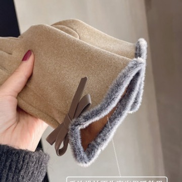 Picture of Gloves Women's Winter Korean-style Cute Bow Fleece-lined Thickened Warm Touch Screen Riding Driving Cold-proof Gloves