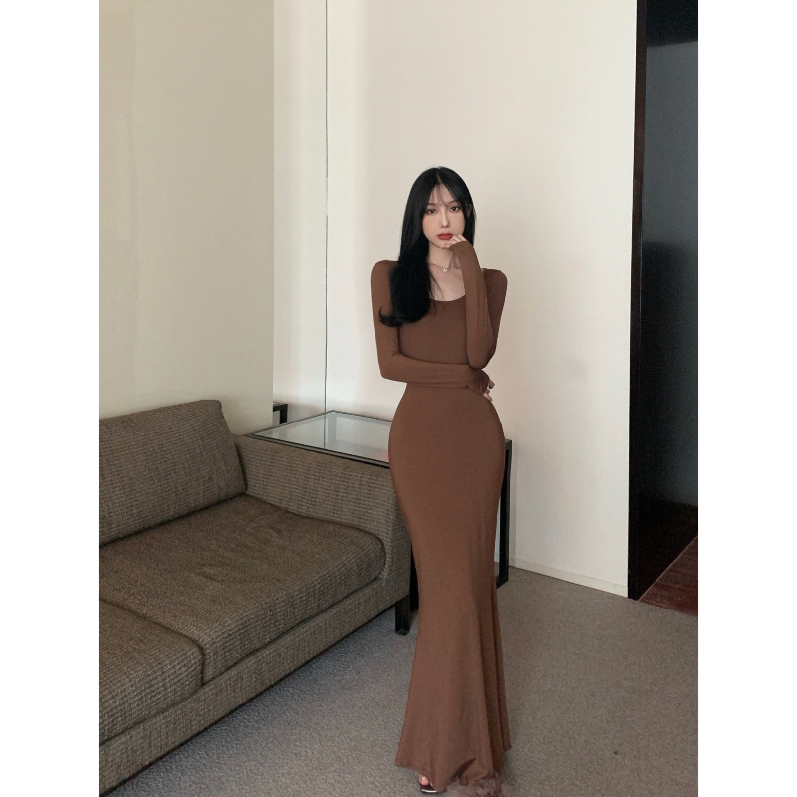 Hot Girls Sexy Long Sleeve Dress Women's Spring and Autumn New Curry Color Base Long Dress Slim-fit Fishtail Hip Dress