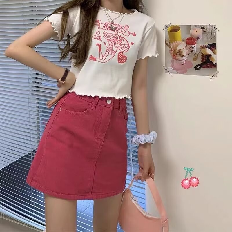 Red Denim Skirt Women's Summer New Arrival Fashionable All-Match Belly-Covering Slimming High Waist A- Line Hip Short Skirt Trendy
