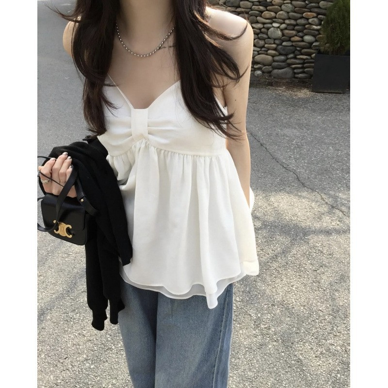 Korean Chic Double-Layer Ruffled Inner Suspender Spring and Summer New Sweet Elegant Bow Bottoming Vest Top