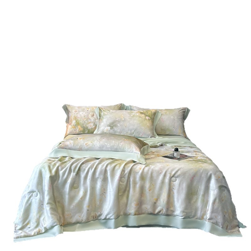 Picture of Super Cool Lenzing Tencel Summer Cool Quilt Four-Piece Set A-Type Pink Floral Ice Silk Air-Conditioned Quilt Thin Quilt Machine Washable 4