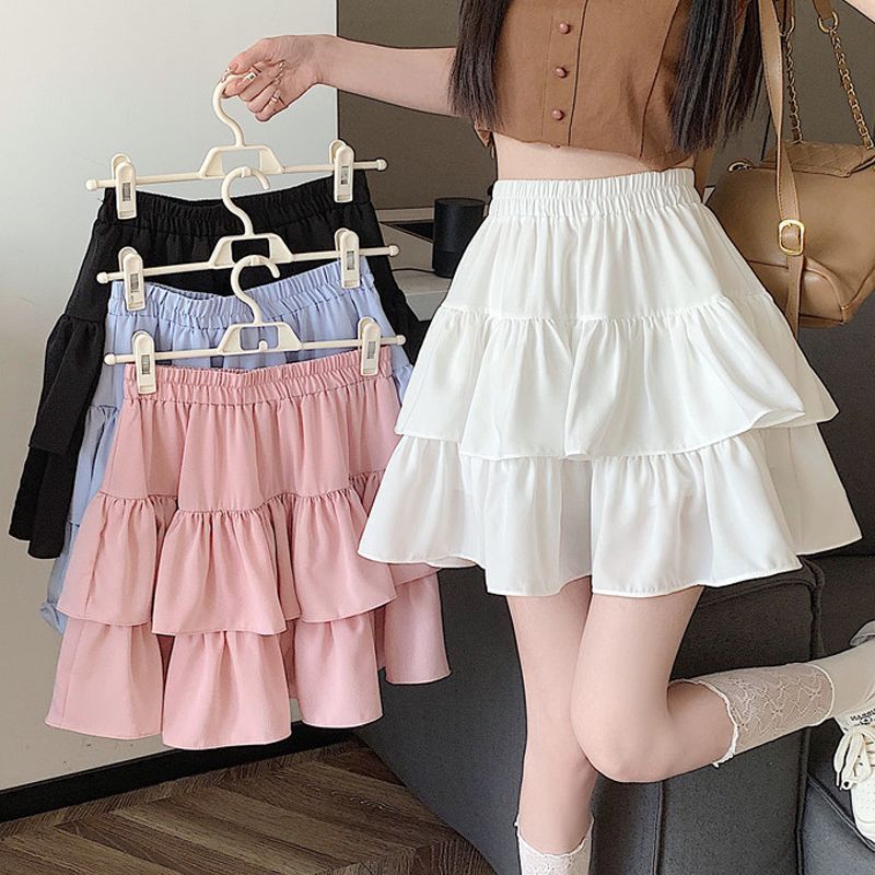 Ruffled Chiffon Skirt Women's Spring 2024 New High WAist A-line Skirt SmAll Puffy CAke Trend