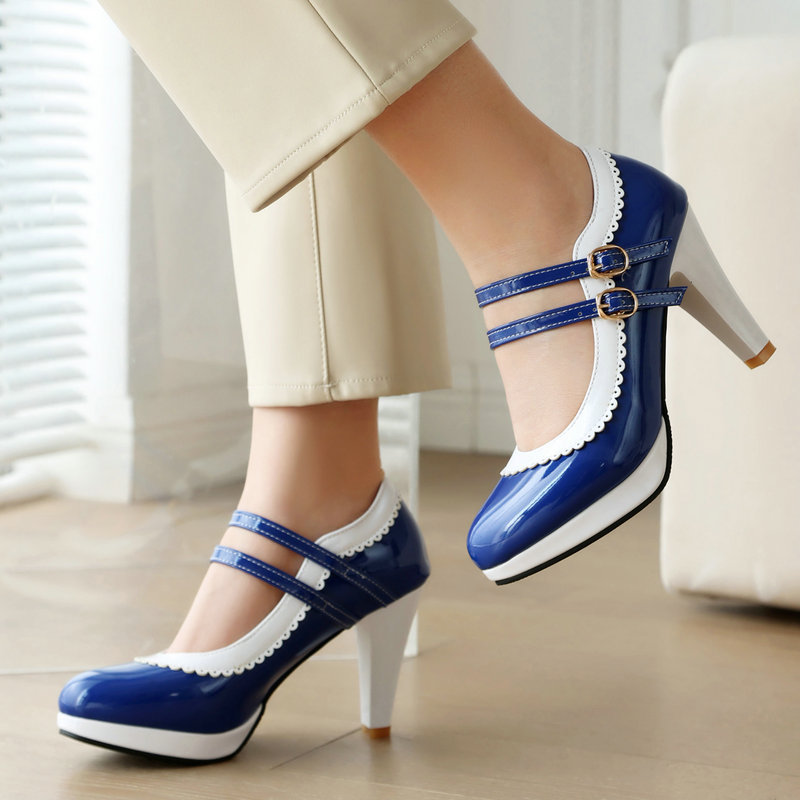 Color matching women's single-layer shoes spring and autumn round toe chunky heel super high heel buckle candy color women's high heels Mary Jane women's shoes