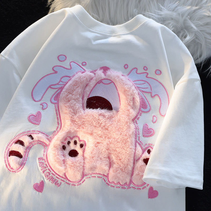 Flocking Sweet Crying Kitten Pure Cotton Short-sleeved T-shirt Women's Design Sense Niche Beautiful Sweet Hot Top chic Summer