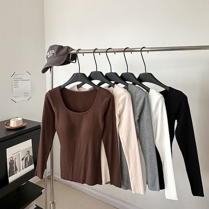 Square Collar Sanding Autumn and Winter Long-sleeved T-shirt Thermal Underwear Women with Chest Pad Cold-proof Inner Base Shirt Women