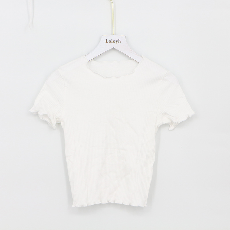 Picture of 2025 Spring and Summer New European and American Style Fashion Retro Fungus Edge Slim Short Short-Sleeved T-Shirt Tops for Women