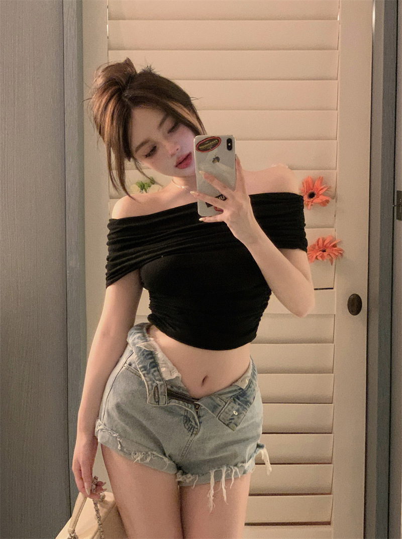 Picture of off-shoulder T-shirt slim fit tight waist short top sexy hot girl bottoming shirt top foreign trade wholesale