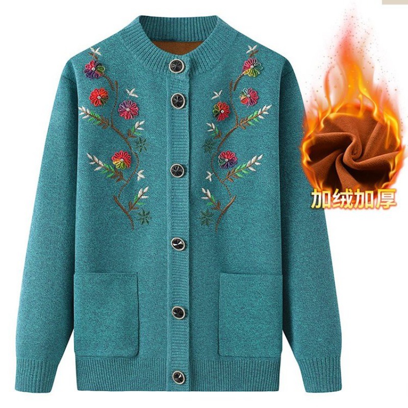 Picture of Knitted sweater plus velvet coat women's clothing for the elderly embroidered cardigan mother autumn warm sweater old lady clothing