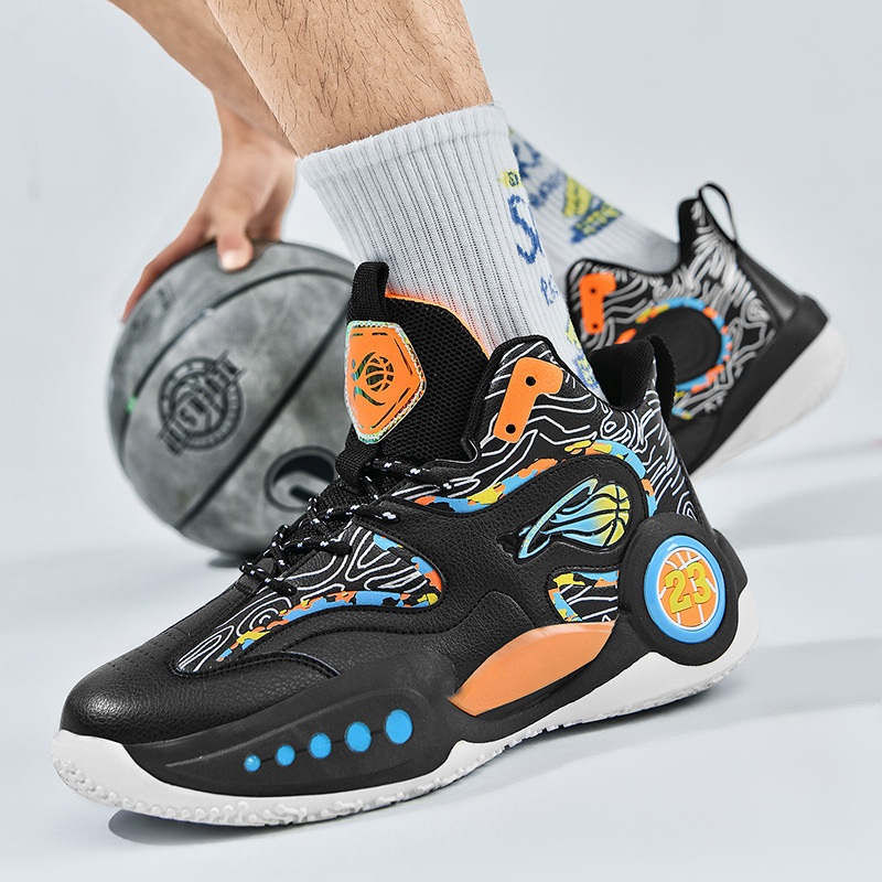 High-top student outdoor basketball shoes couple's color matching trendy white shoes leather sports platform running shoes 873