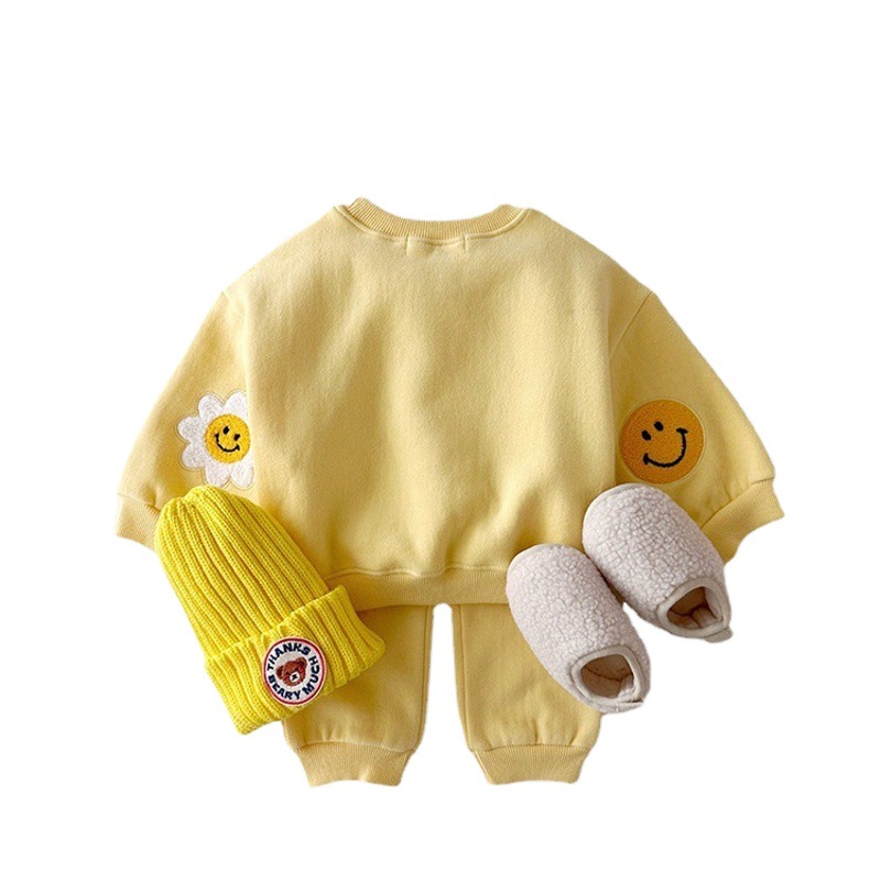 Korean Style Spring & Fall New Two-Piece Set for Boys and Girls, Baby Sunflower Smiley Face Towel Embroidered Sweatshirt Versatile Set
