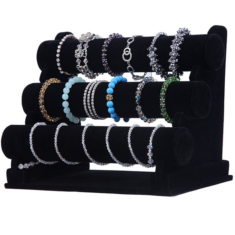 Amazon popular three-layer black velvet wooden leather jewelry stand head flower stand bracelet watch bracelet display stand